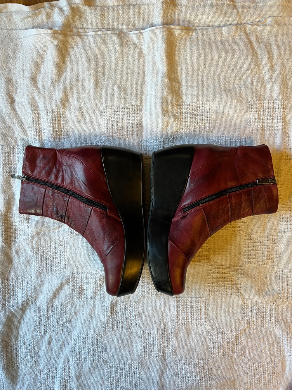 Maroon Leather Wedge Ankle Boots with Side Zippers - Picture 2 of 11